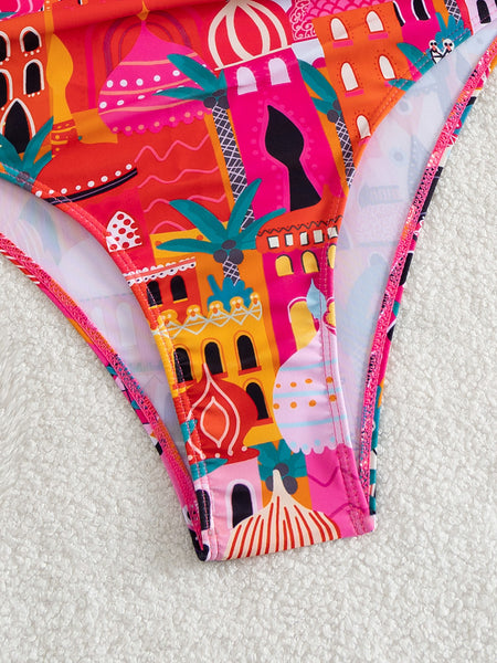 Cleo One Pc Ruffle Swimsuit - fabric detail shot, pink and orange print - Miss Mosa By Akanksha