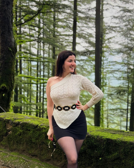Clepa One shoulder sweater In White - lifestyle shot on model, white - Miss Mosa By Akanksha
