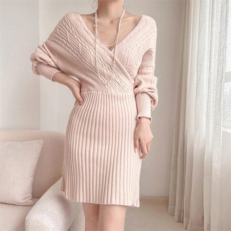 Clio Winter Knitted Dress - front shot on model, pink - Miss Mosa By Akanksha