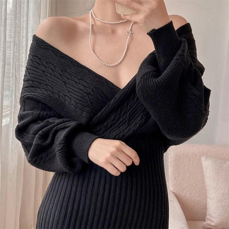 Clio Winter Knitted Dress - front shot on model, black - Miss Mosa By Akanksha