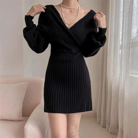 Clio Winter Knitted Dress - front shot on model, black - Miss Mosa By Akanksha