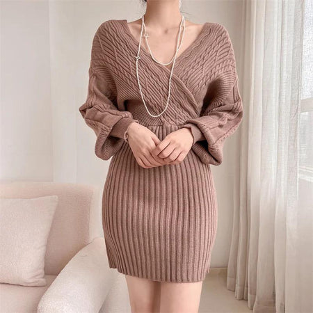 Clio Winter Knitted Dress - front shot on model, taupe - Miss Mosa By Akanksha