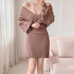 Clio Winter Knitted Dress - front shot on model, taupe - Miss Mosa By Akanksha