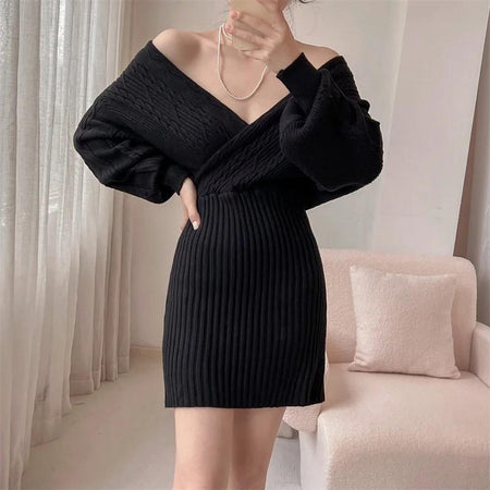 Clio Winter Knitted Dress - front shot on model, black - Miss Mosa By Akanksha