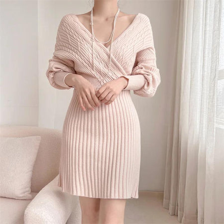 Clio Winter Knitted Dress - front shot on model, pink - Miss Mosa By Akanksha