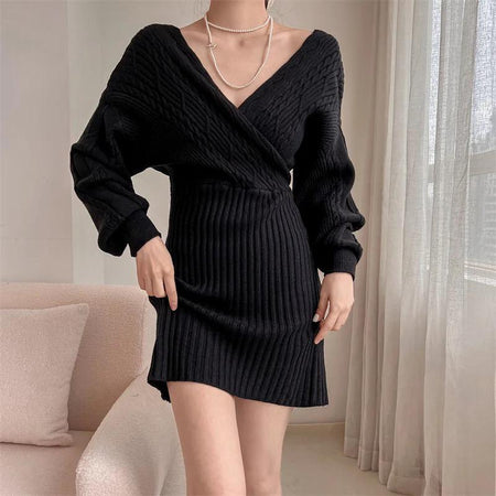 Clio Winter Knitted Dress - front shot on model, black - Miss Mosa By Akanksha