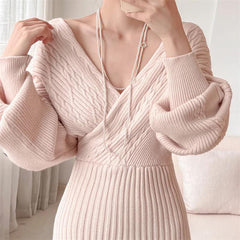 Clio Winter Knitted Dress - close-up of bodice, pink - Miss Mosa By Akanksha