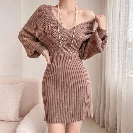 Clio Winter Knitted Dress - front shot on model, taupe - Miss Mosa By Akanksha