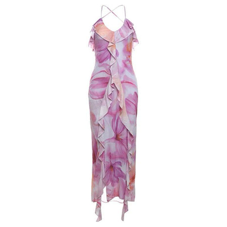 Clove Ruffled Summer Maxi Dress In Purple - front shot on hanger - Miss Mosa By Akanksha