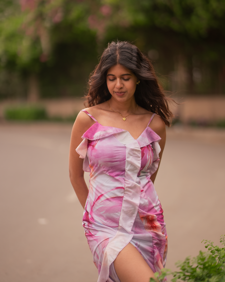 Clove Ruffled Summer Maxi Dress In Purple - front shot on model outdoors - Miss Mosa By Akanksha