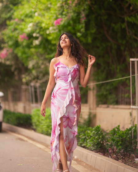 Clove Ruffled Summer Maxi Dress In Purple - full-length front shot on model outdoors - Miss Mosa By Akanksha