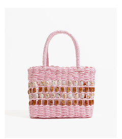 Coco Straw Beads Hand Bag With Pouch - front shot, pink with amber and cream shell beads - Miss Mosa By Akanksha