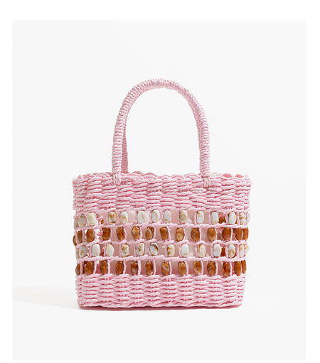 Coco Straw Beads Hand Bag With Pouch - front shot, pink with amber and cream shell beads - Miss Mosa By Akanksha