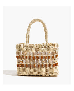 Coco Straw Beads Hand Bag With Pouch - front shot, beige with amber and cream shell beads - Miss Mosa By Akanksha
