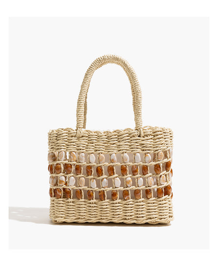 Coco Straw Beads Hand Bag With Pouch - front shot, beige with amber and cream shell beads - Miss Mosa By Akanksha