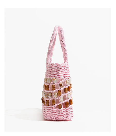 Coco Straw Beads Hand Bag With Pouch - side shot, pink with amber and cream shell beads - Miss Mosa By Akanksha