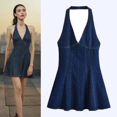 Coline Halterneck Mini Dress - front and flat-lay shot, dark denim blue - Miss Mosa By Akanksha
