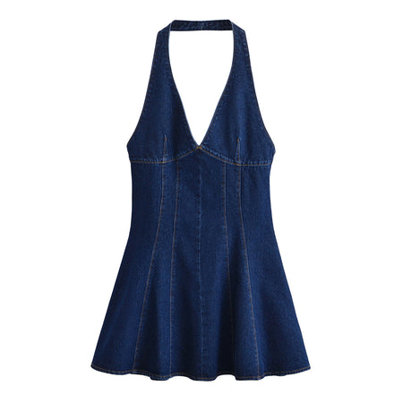 Coline Halterneck Mini Dress - back flat-lay shot, dark denim blue - Miss Mosa By Akanksha