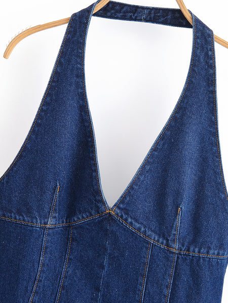 Coline Halterneck Mini Dress - neckline close-up shot, dark denim blue - Miss Mosa By Akanksha