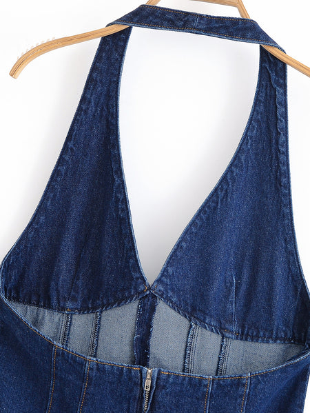 Coline Halterneck Mini Dress - back neckline close-up shot, dark denim blue - Miss Mosa By Akanksha