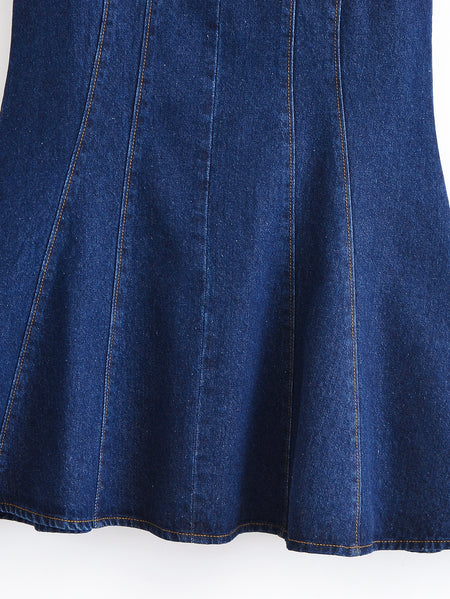 Coline Halterneck Mini Dress - skirt fabric detail shot, dark denim blue - Miss Mosa By Akanksha