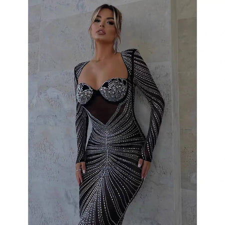 Como Embellished Party Maxi Dress in Black - front shot on model close-up - Miss Mosa By Akanksha