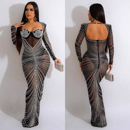 Como Embellished Party Maxi Dress in Black - front and back shot on model - Miss Mosa By Akanksha