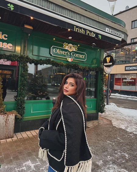 Cora Oversized Woolen Jacket with Scarf - back shot on model, black - Miss Mosa By Akanksha