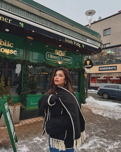 Cora Oversized Woolen Jacket with Scarf - side shot on model, black - Miss Mosa By Akanksha