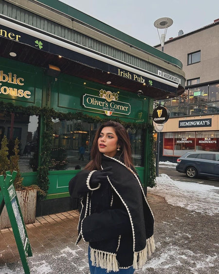 Cora Oversized Woolen Jacket with Scarf - side shot on model, black - Miss Mosa By Akanksha