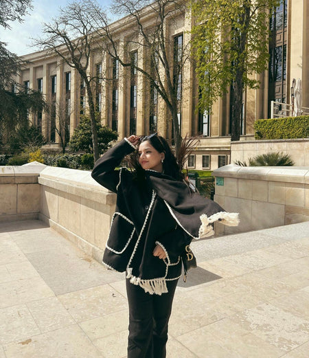 Cora Oversized Woolen Jacket with Scarf - full-length shot on model, black - Miss Mosa By Akanksha