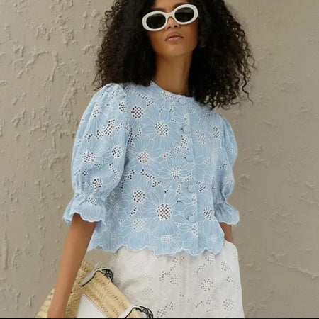 Coral Eyelet Summer Top In Blue - front shot on model - Miss Mosa By Akanksha