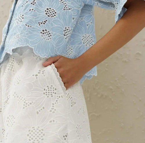 Coral Eyelet  Summer Top In Blue
