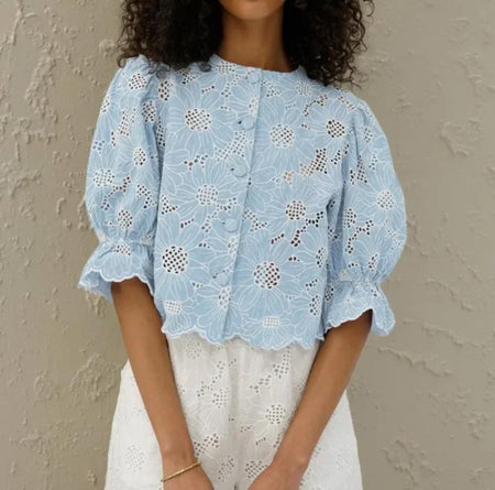 Coral Eyelet Summer Top In Blue - front shot on model - Miss Mosa By Akanksha