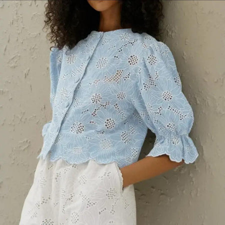 Coral Eyelet Summer Top In Blue - side shot on model - Miss Mosa By Akanksha