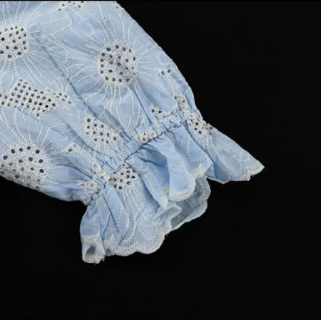 Coral Eyelet Summer Top In Blue - close-up of puff sleeve cuff - Miss Mosa By Akanksha