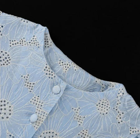 Coral Eyelet Summer Top In Blue - close-up of neckline buttons - Miss Mosa By Akanksha