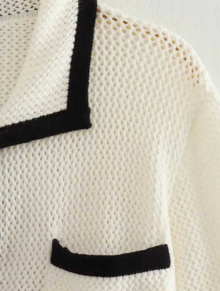 Coral Soft Knit Summer Coord Set In White - close-up of collar and pocket trim - Miss Mosa By Akanksha