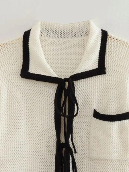 Coral Soft Knit Summer Coord Set In White - close-up of collar and tie - Miss Mosa By Akanksha