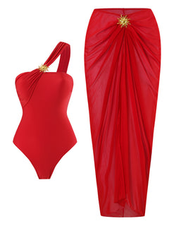 Coral Swimsuit With Skirt - flat-lay styled shot, red - Miss Mosa By Akanksha