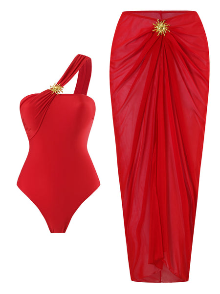 Coral Swimsuit With Skirt - flat-lay styled shot, red - Miss Mosa By Akanksha
