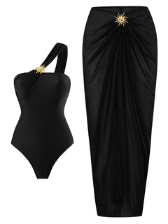 Coral Swimsuit With Skirt - flat-lay styled shot, black - Miss Mosa By Akanksha