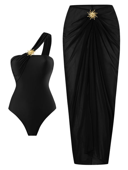 Coral Swimsuit With Skirt - flat-lay styled shot, black - Miss Mosa By Akanksha
