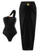 Coral Swimsuit With Skirt - flat-lay styled shot, black - Miss Mosa By Akanksha
