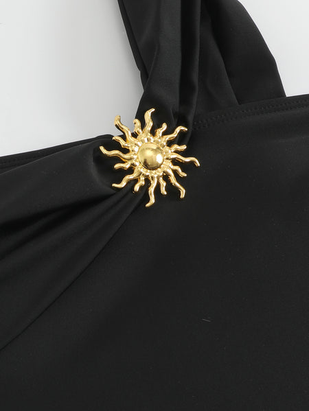 Coral Swimsuit With Skirt - shoulder detail shot, black - Miss Mosa By Akanksha