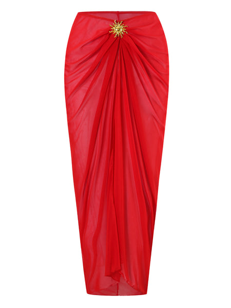 Coral Swimsuit With Skirt - flat-lay skirt shot, red - Miss Mosa By Akanksha