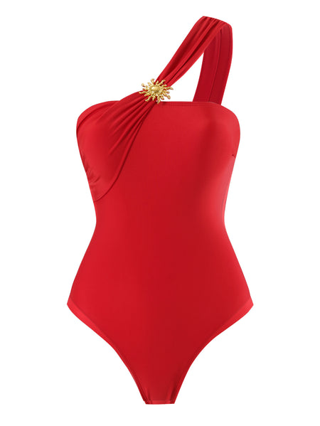 Coral Swimsuit With Skirt - flat-lay front shot, red - Miss Mosa By Akanksha