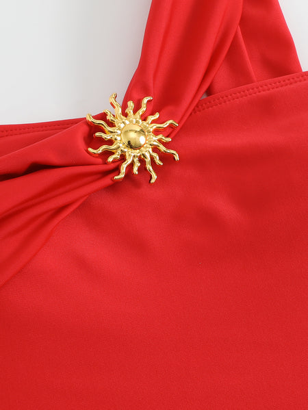 Coral Swimsuit With Skirt - shoulder detail shot, red - Miss Mosa By Akanksha