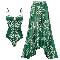 Coralie Printed Swimsuit With Skirt - flat-lay shot, green and white floral - Miss Mosa By Akanksha