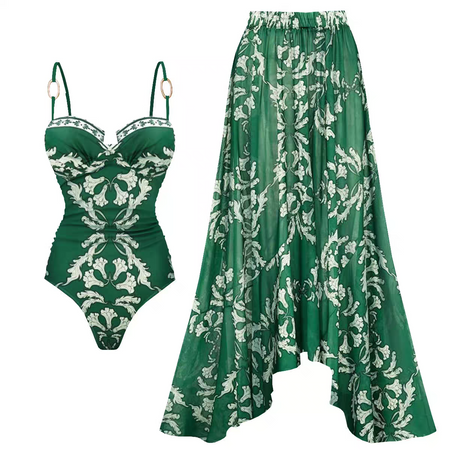 Coralie Printed Swimsuit With Skirt - flat-lay shot, green and white floral - Miss Mosa By Akanksha